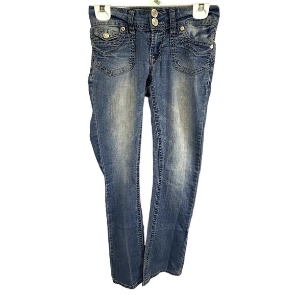 Wallflower Blue Jeans Size 0 bootcut stretch embellished pockets distressed - Picture 1 of 14